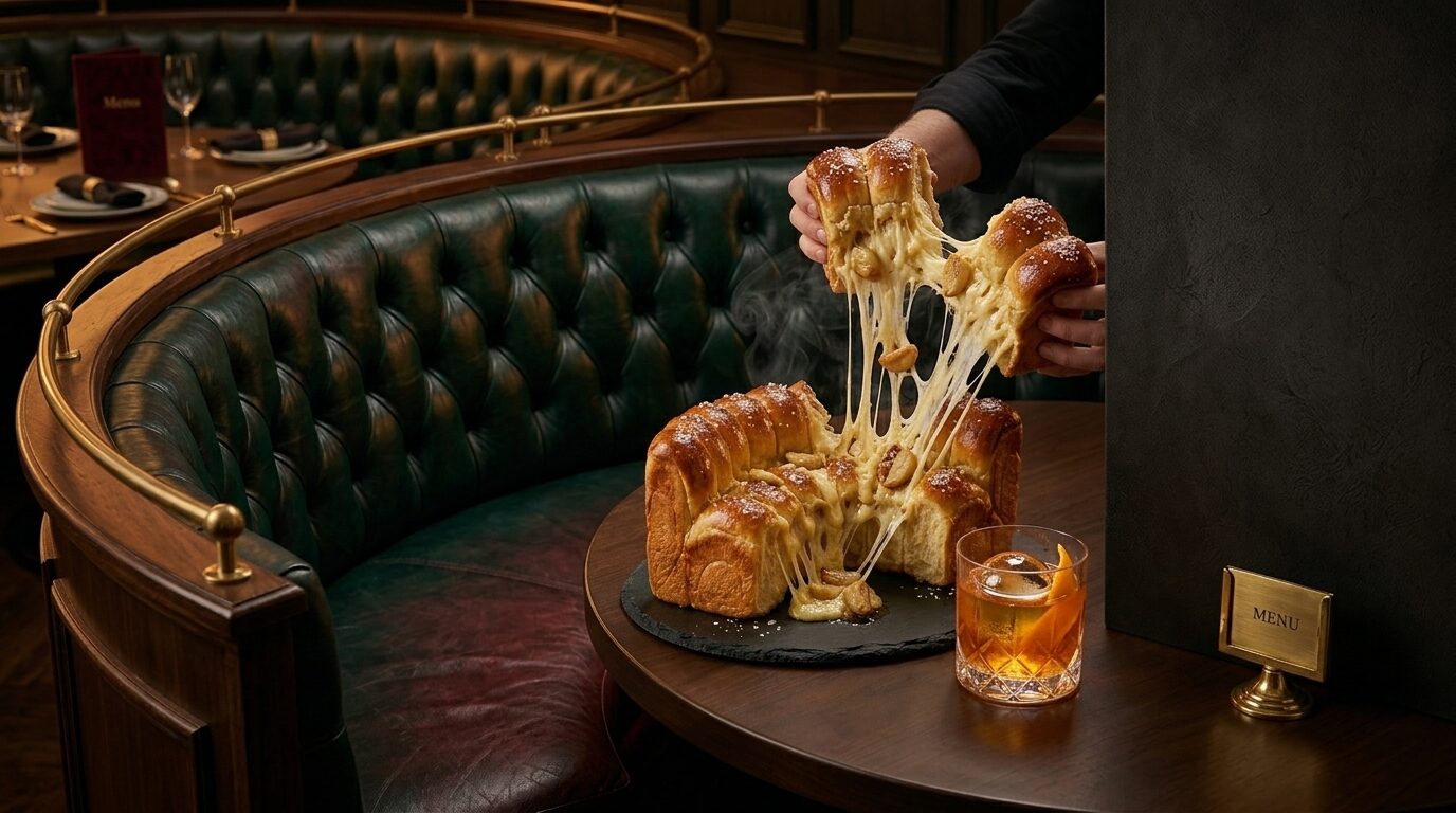 A cheese-pull mid-motion as a hand lifts the booth-shaped bread inside the curved booth