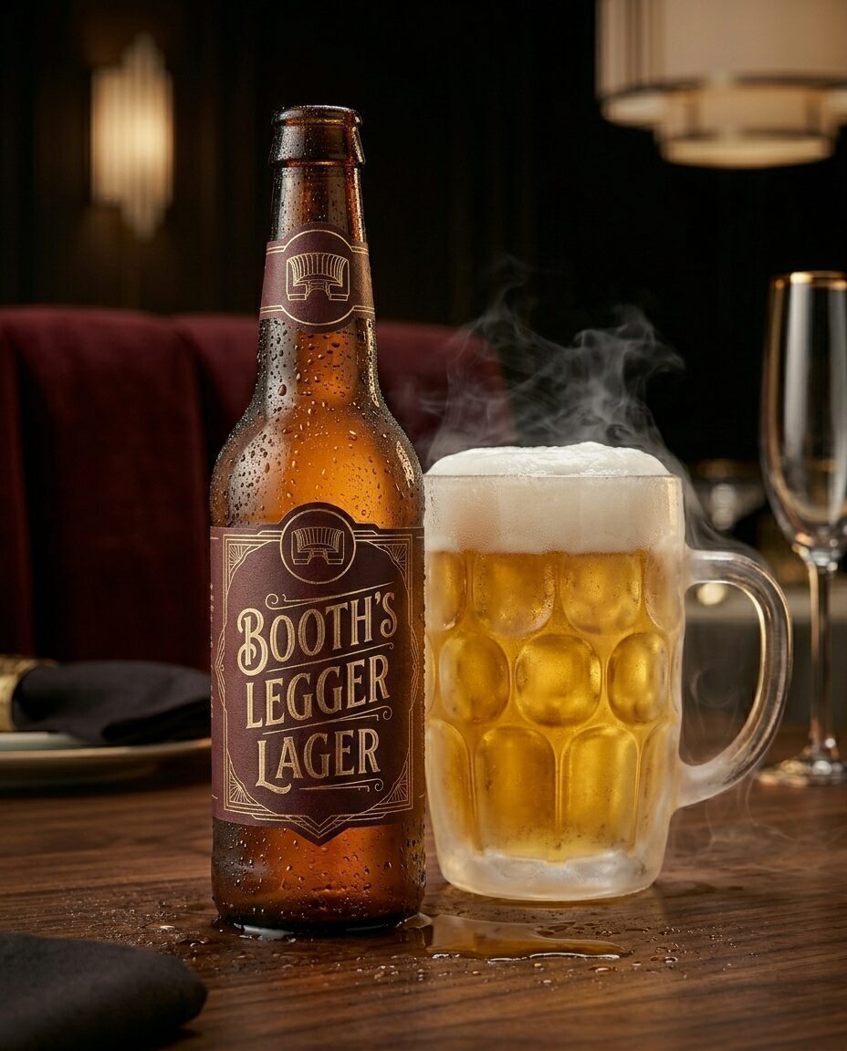 Booth's Legger Lager bottle beside a frosted stein of lager with rising steam