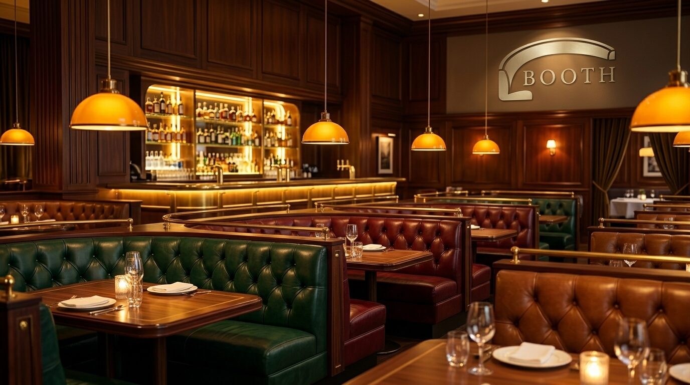 The full Booth dining room — emerald and oxblood booths under amber pendants.