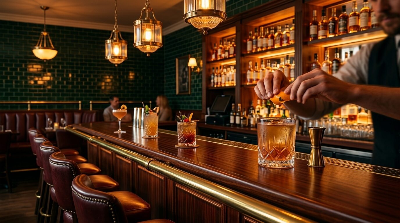 A bartender's hands twisting a citrus peel over a cocktail at Booth's bar