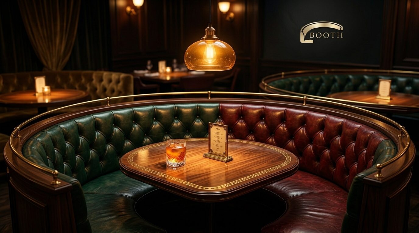 An old fashioned on the table of Booth's round emerald and oxblood booth, under the brass BOOTH wall sign