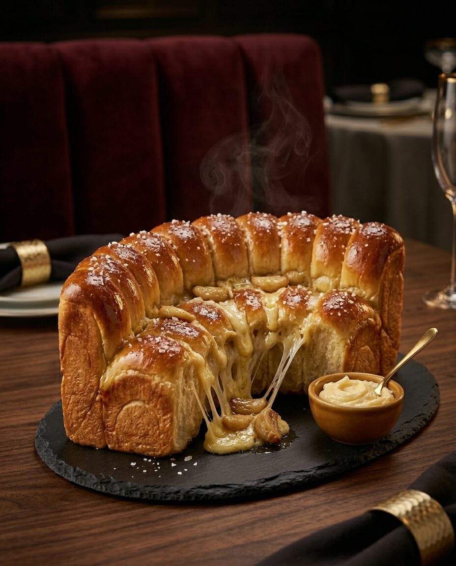 The Booth's Crack — Booth's pull-apart milk bread, cheese stretching from the molten center, in front of an oxblood booth