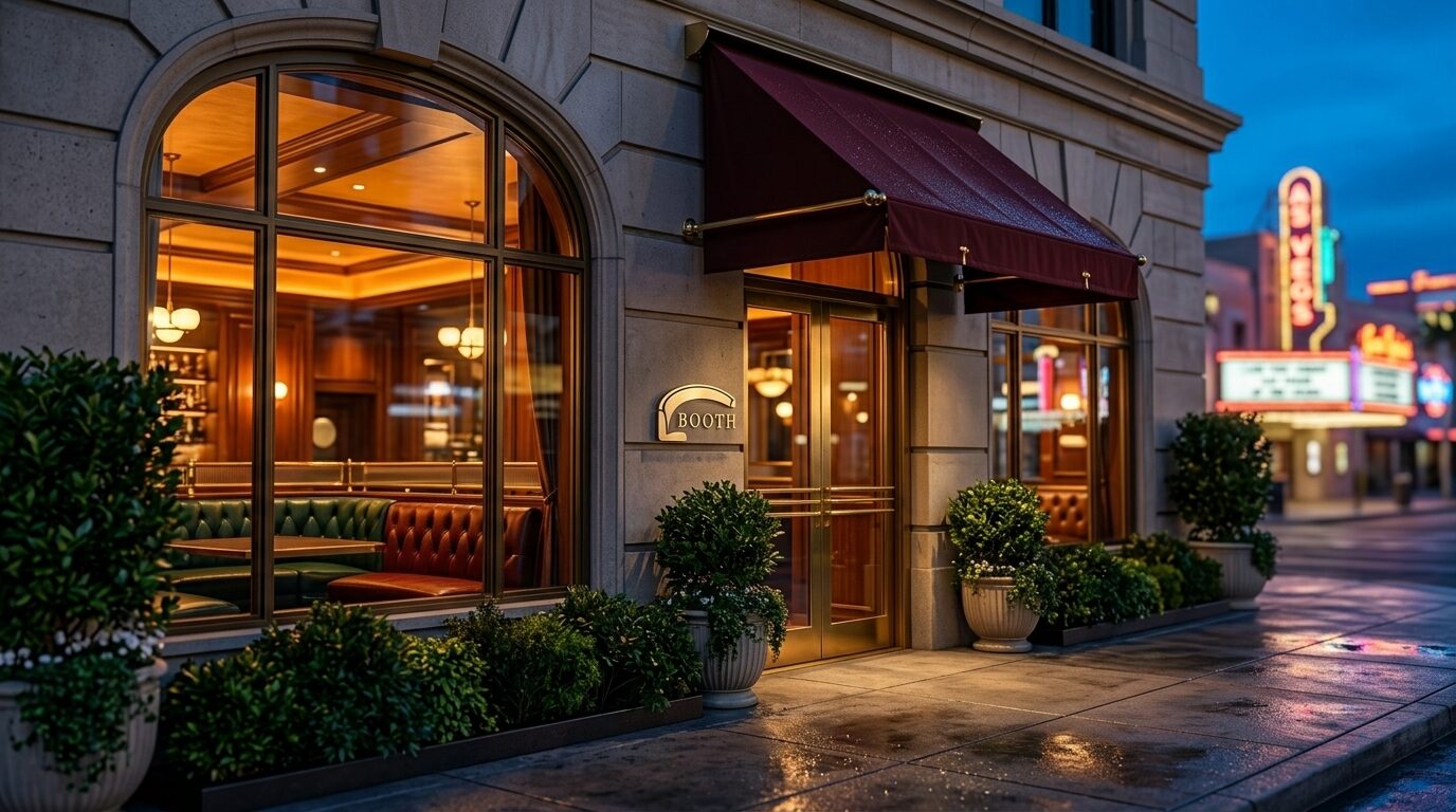 Booth's arched front windows and oxblood awning at blue hour