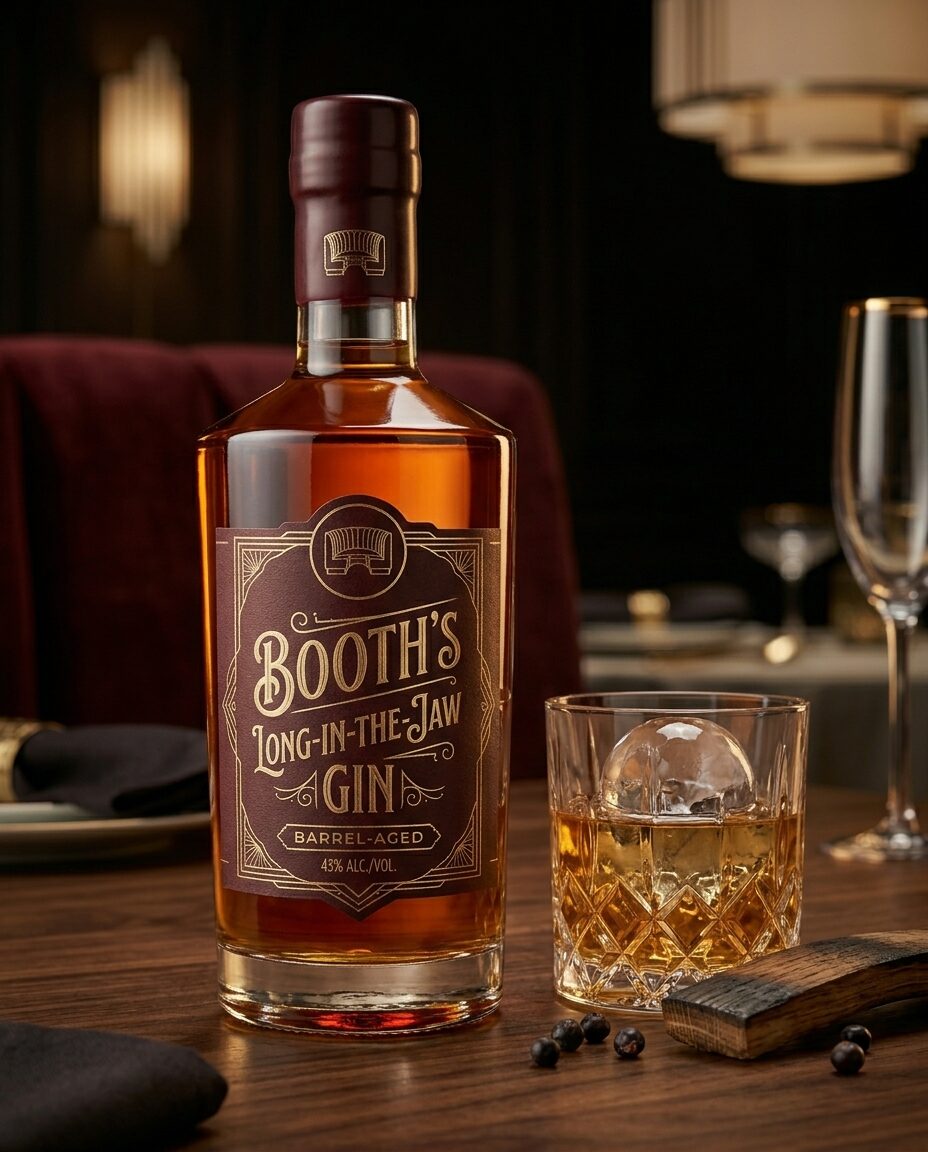 A bottle and pour of Booth's Long-in-the-Jaw barrel-rested house gin
