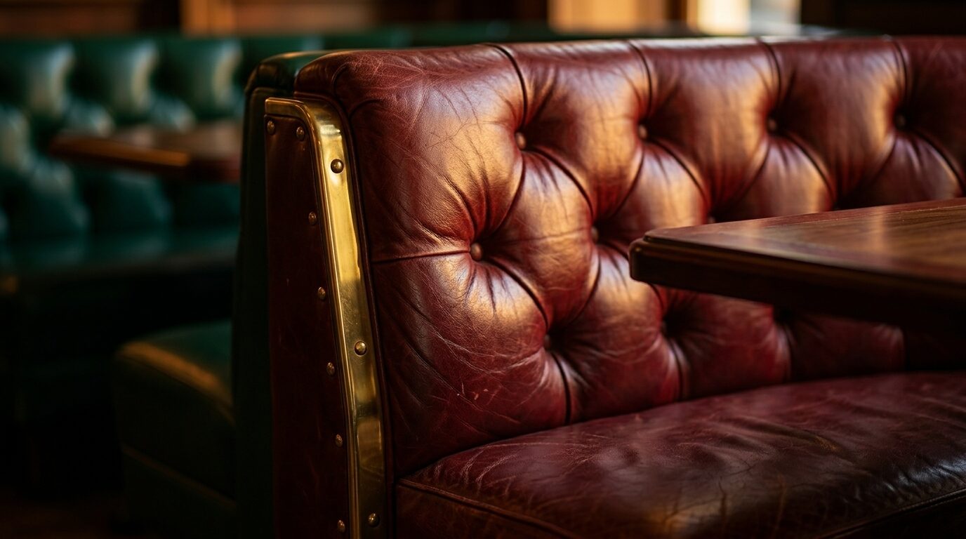 An empty oxblood tufted-leather booth with brass trim at Booth