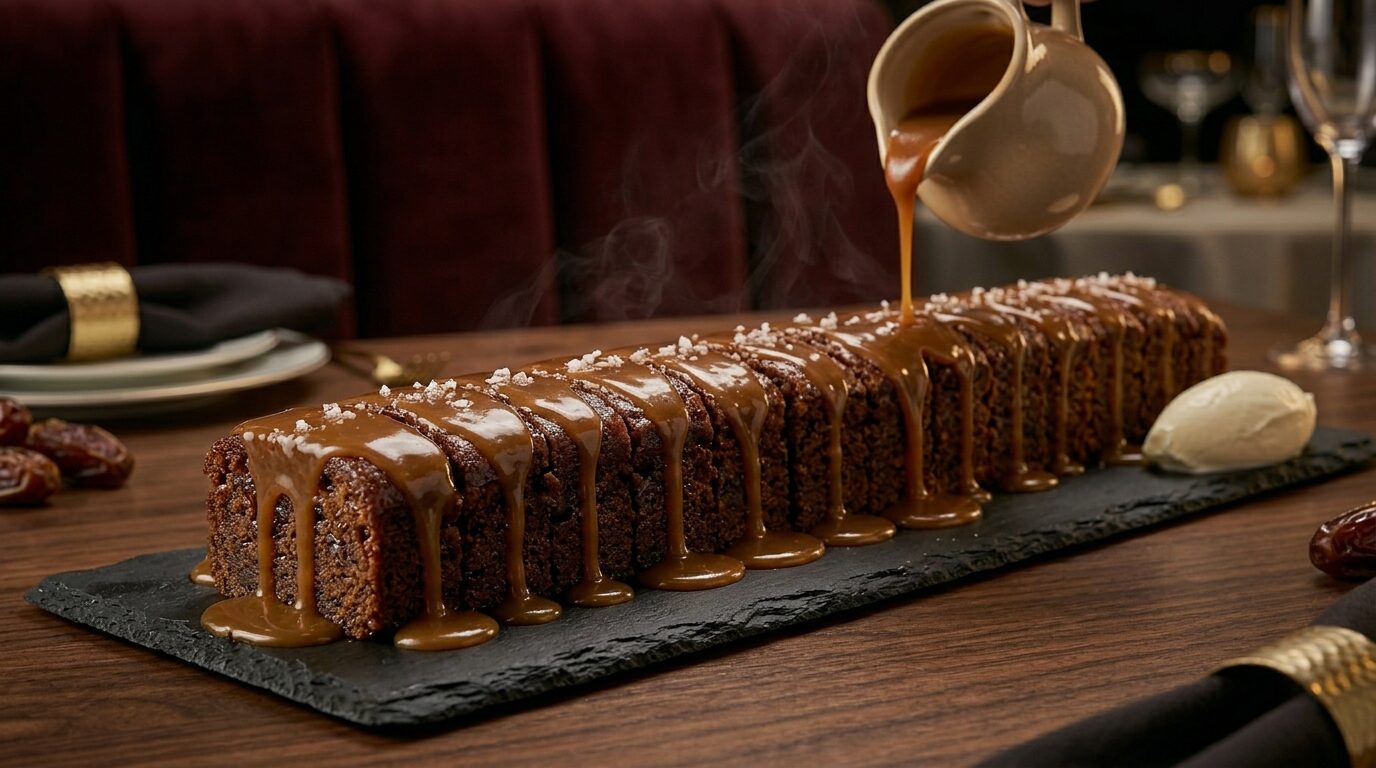 Scoot Down Booth's Sweet Cake — Booth's long strip of sticky pudding cake under a warm salted caramel pour