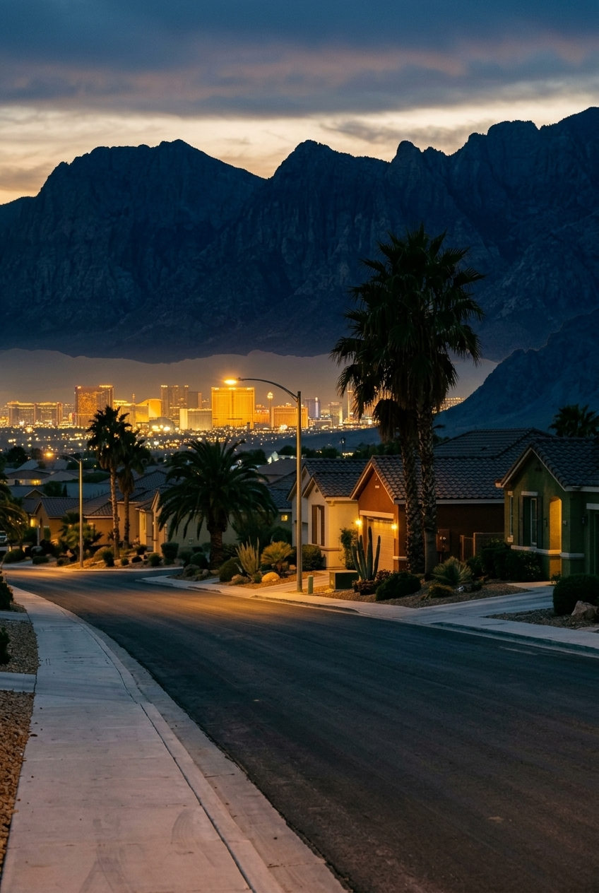 A quiet Las Vegas neighborhood street at dusk, palms and the Spring Mountains on the horizon
