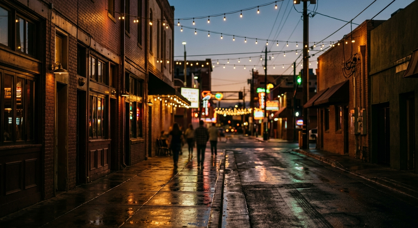 A downtown Las Vegas street at dusk under string lights, restaurant windows reflected on wet pavement