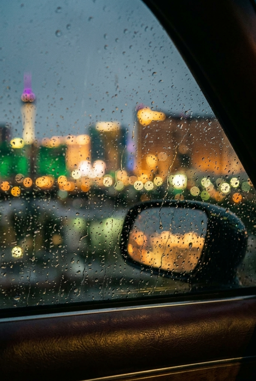 The Las Vegas skyline blurred through a rain-flecked car window at dusk