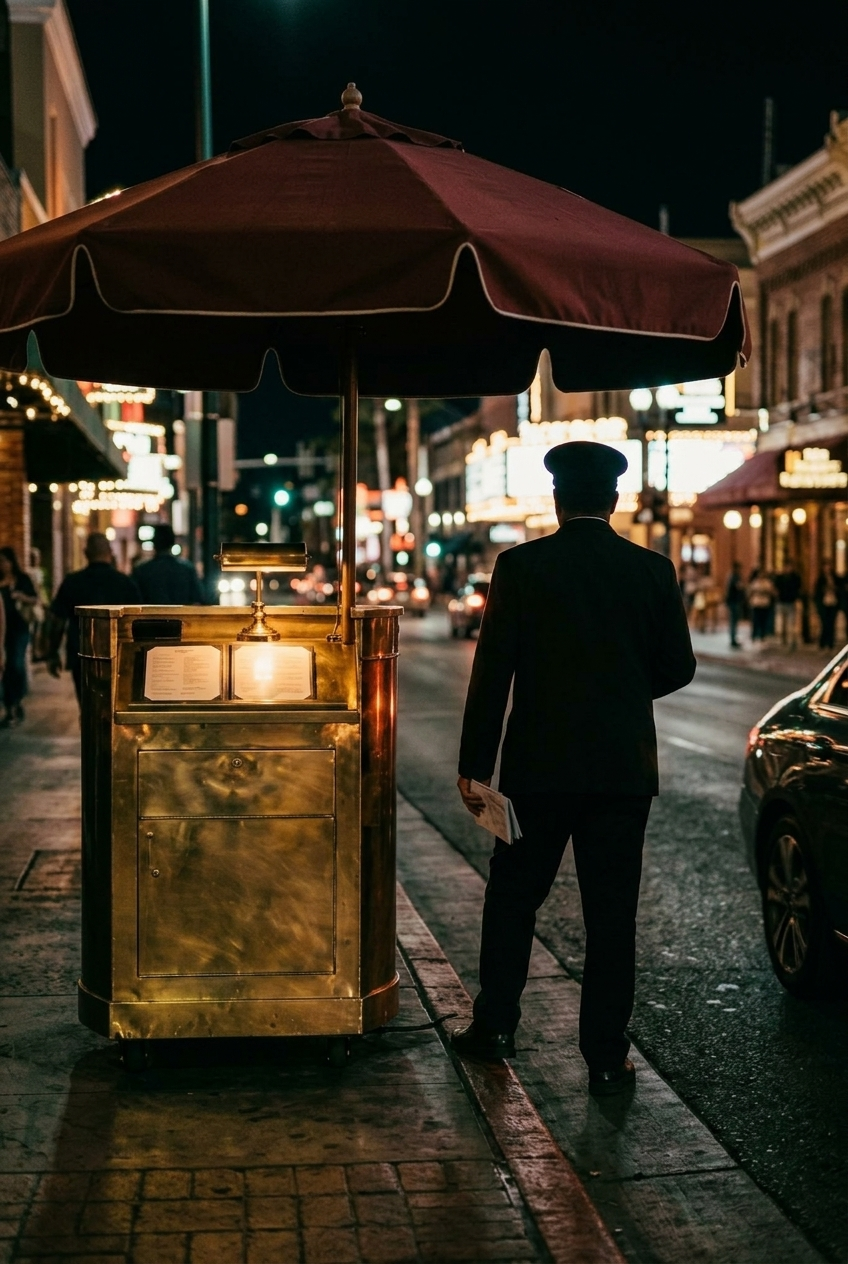 A brass valet podium under an awning at night, taillights blurred at the curb