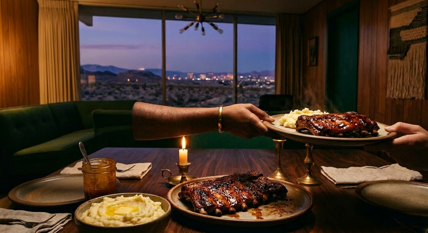 A family dinner table at night with a platter of glazed ribs, a candle, and a desert-dusk window
