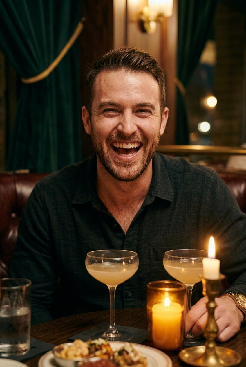 A man laughing across a dark-wood booth table by candlelight, two cocktails between the plates