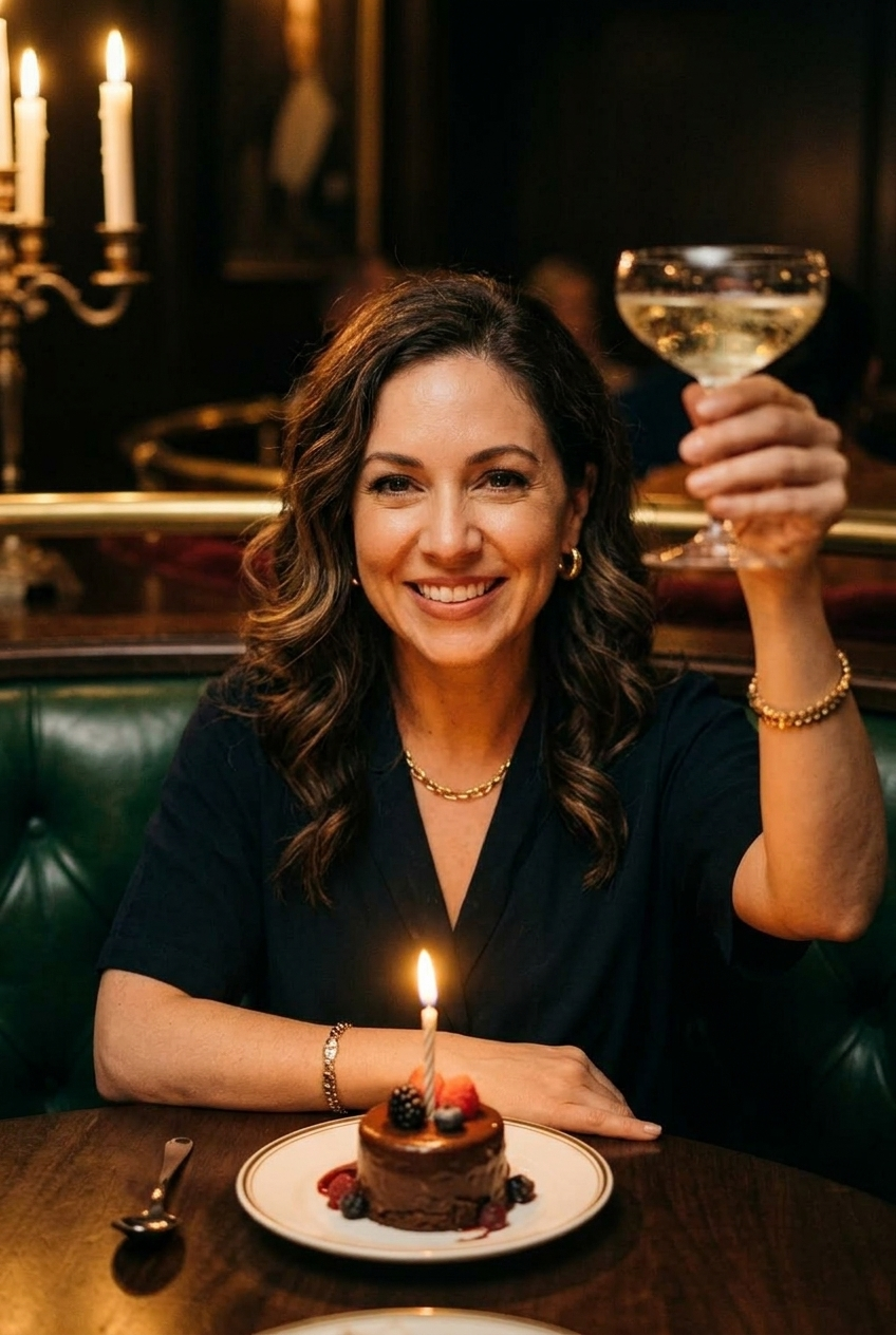 A woman raising a glass in a curved emerald booth, a birthday candle on the dessert in front of her