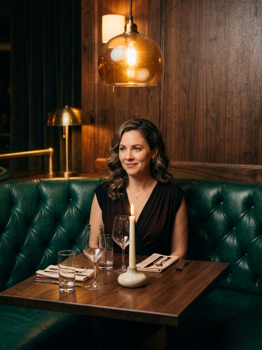 A woman sliding into an empty emerald tufted-leather corner booth set for two, lit by a single candle