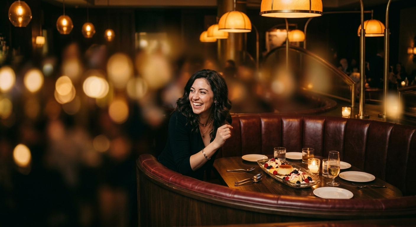 A woman laughing as she scoots down a crowded curved leather booth to make room for dessert