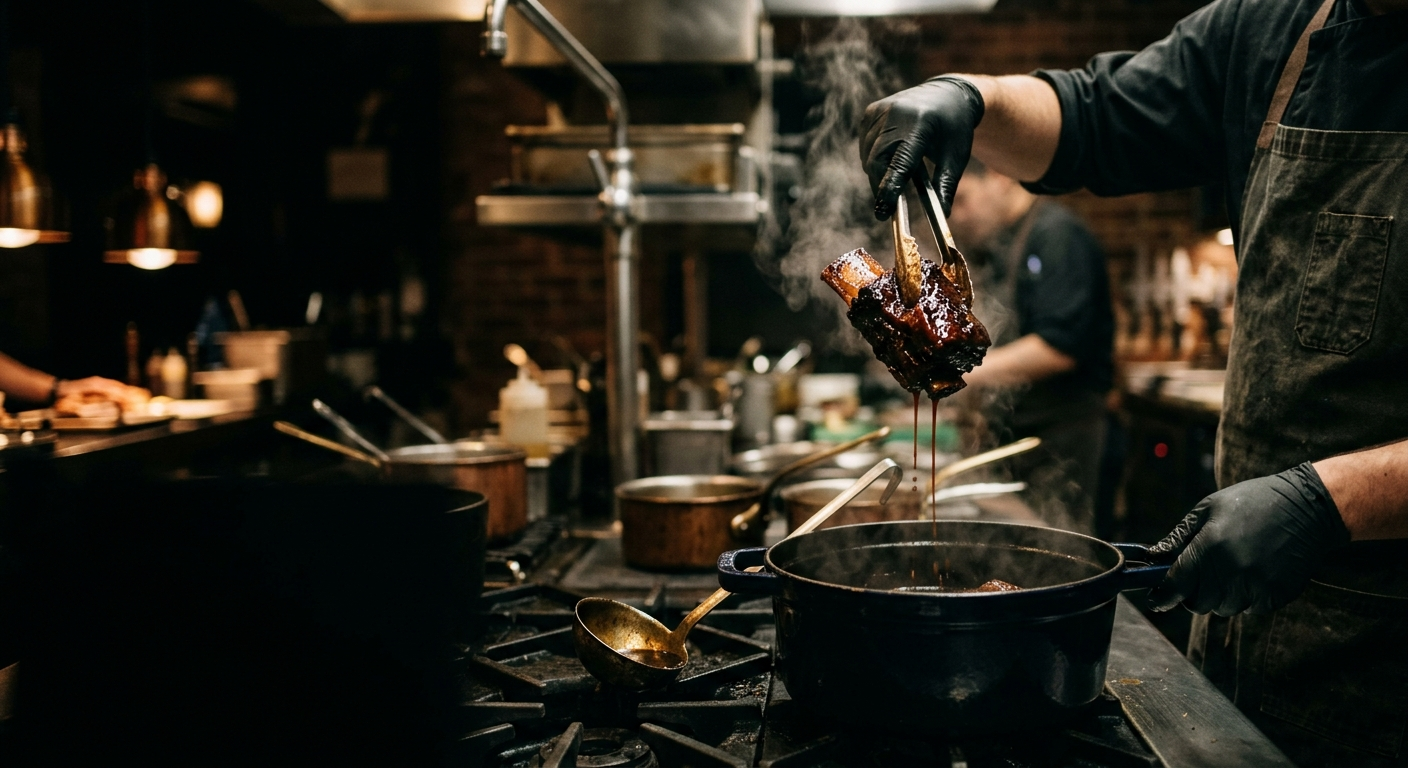 A cook's gloved hands lifting a glossy braised short rib from a dark pot, steam rising