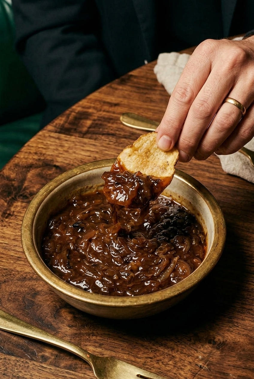 A hand scooping caramelized onion dip with a thick chip from a brass-rimmed bowl