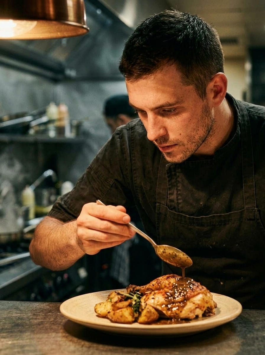 A line cook spooning black pepper gravy onto a plate at the pass