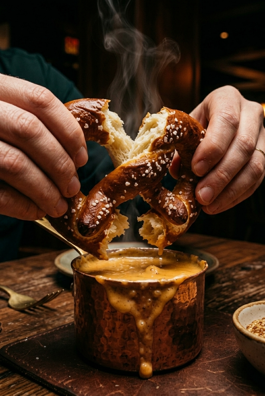Hands tearing a warm soft pretzel over a copper cup of beer cheese