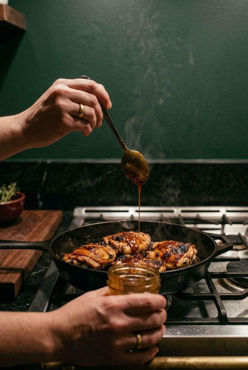 A spoon drizzling glossy amber sauce from an unlabeled glass jar over grilled chicken in a cast-iron pan