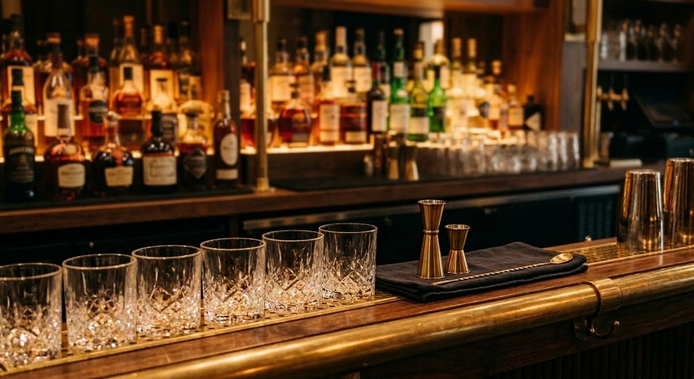 A polished brass bar rail before service, rocks glasses lined up and bottles glowing behind